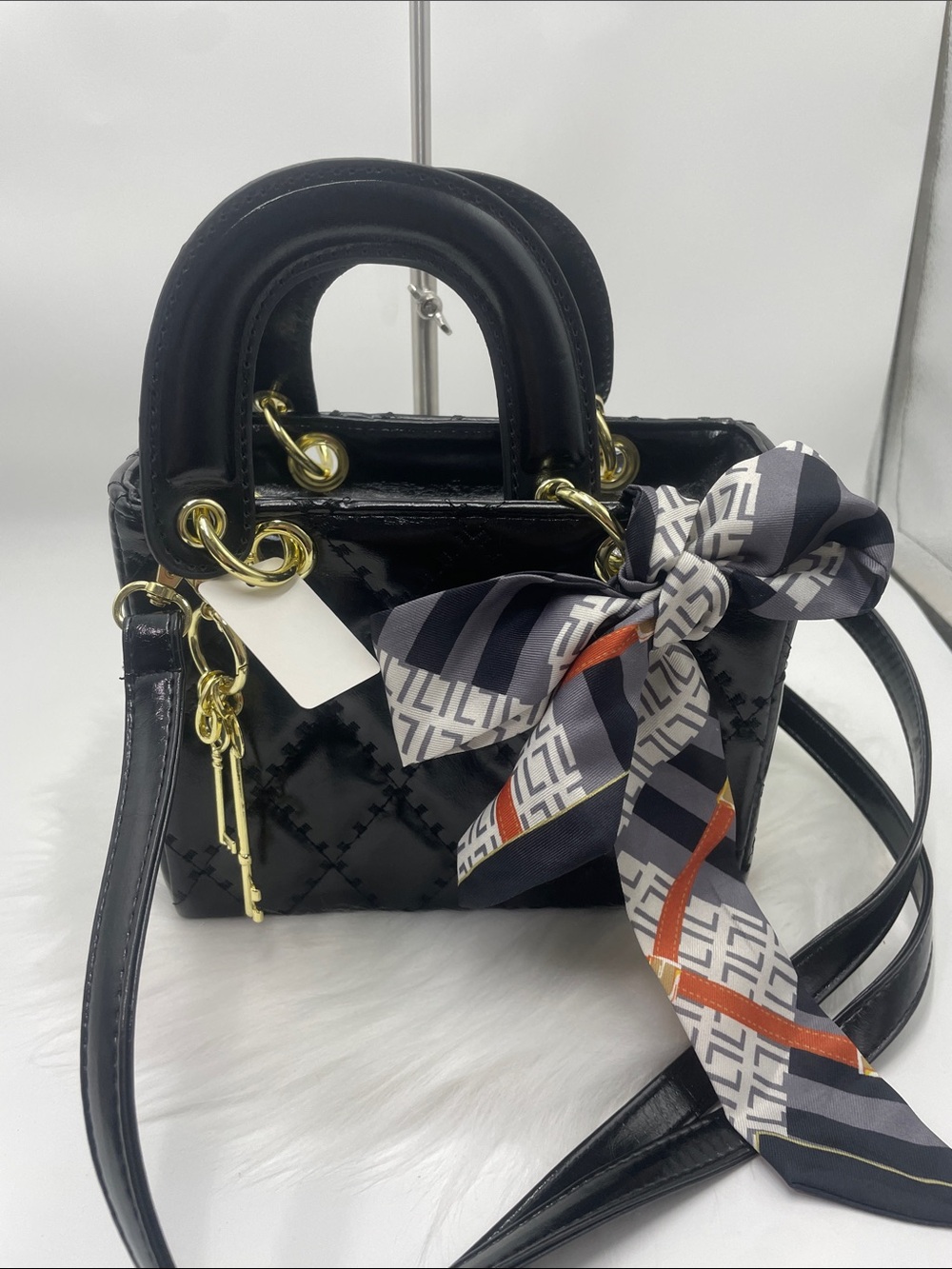 Stylish Black Quilted Patent Duffel with Scarf Accent 11641